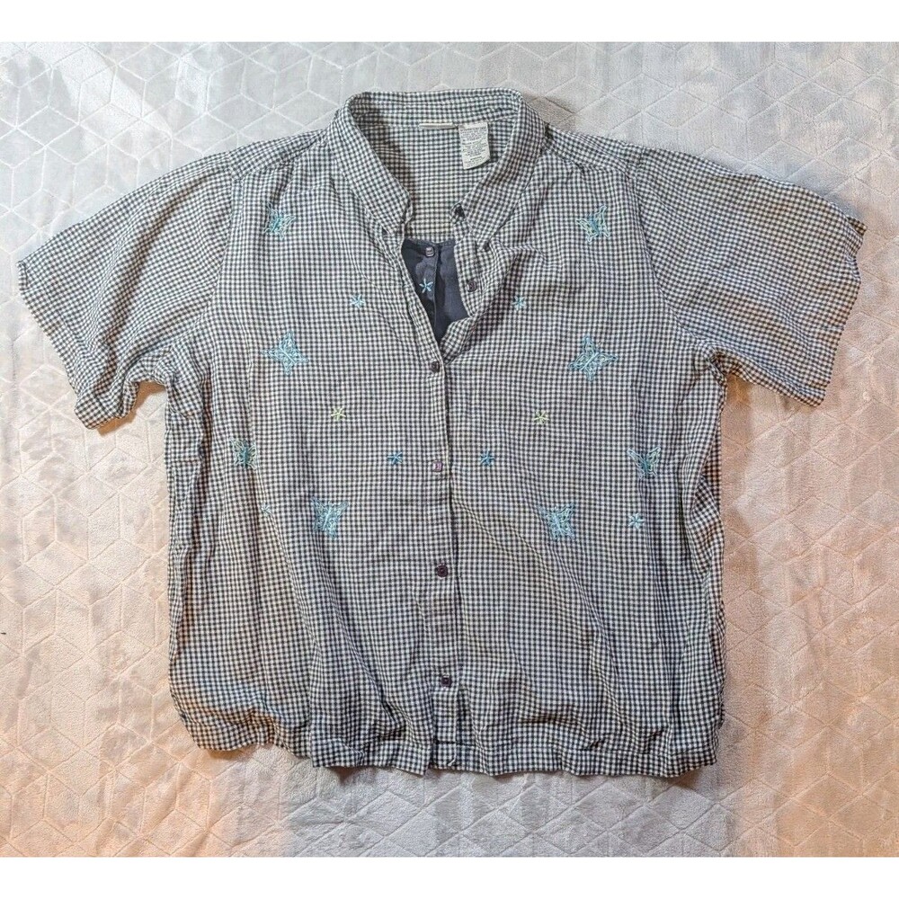 White stag 22W/24W Butterfly embroidered button down lined short sleeve top